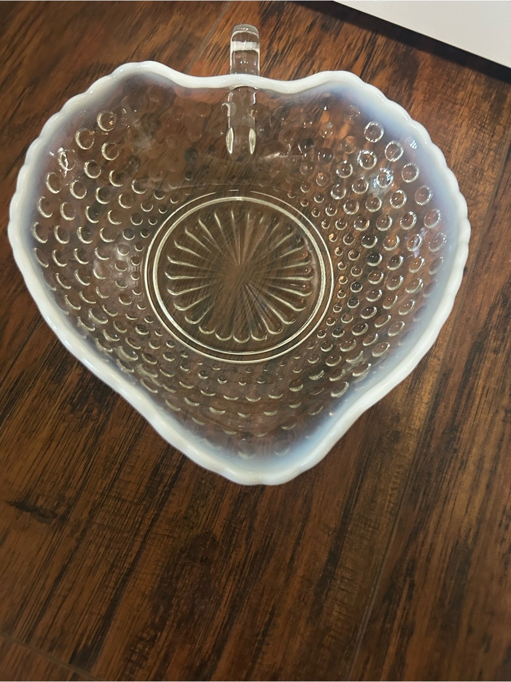 Anchor Hocking Vintage Opalescent Moonstone Hobnail Heart Glass Bonbon Bowl Dish